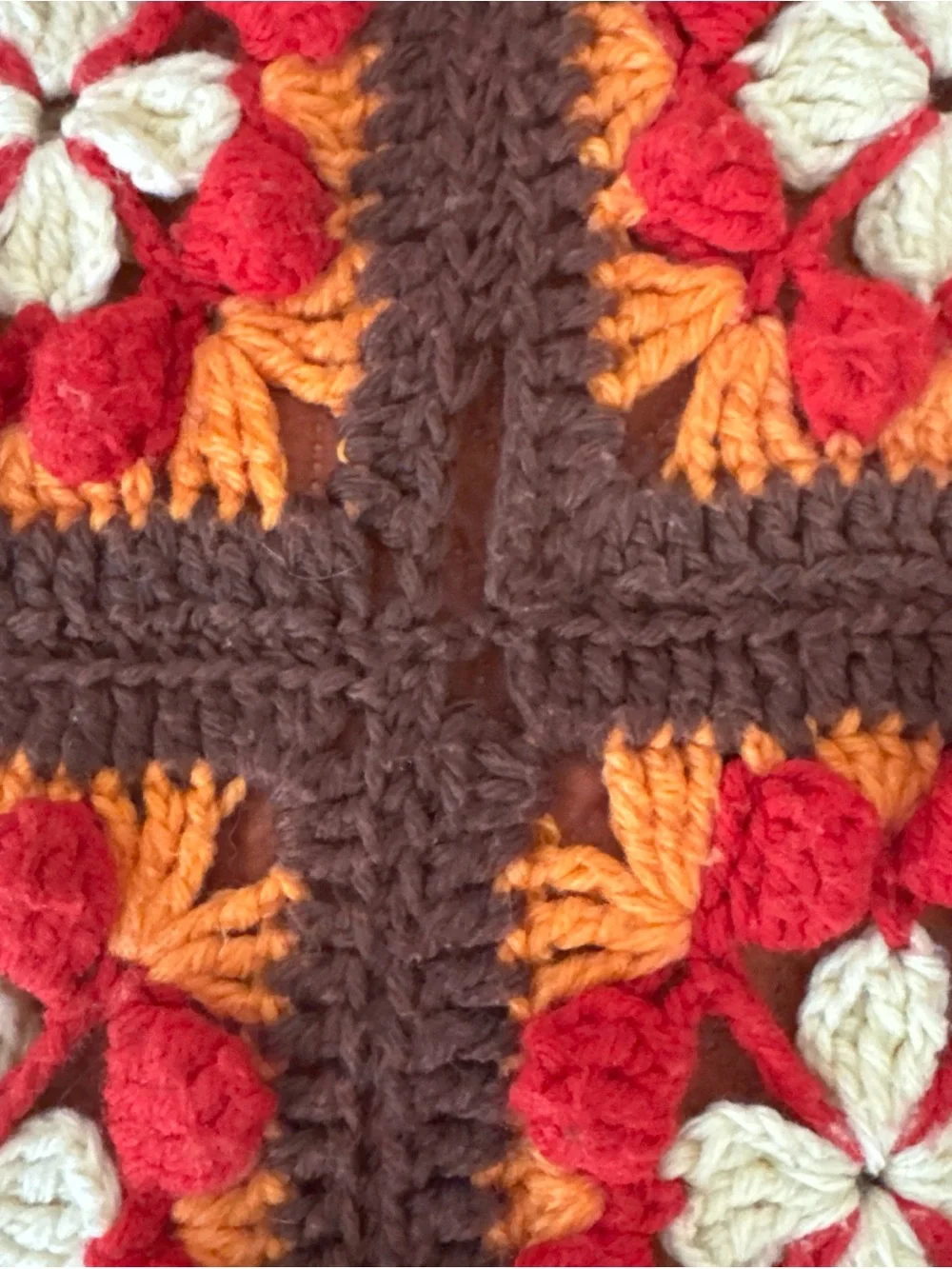 Handmade Crochet Granny Square Afghan Throw 94x51 Floral Brown Red Orange AS-IS